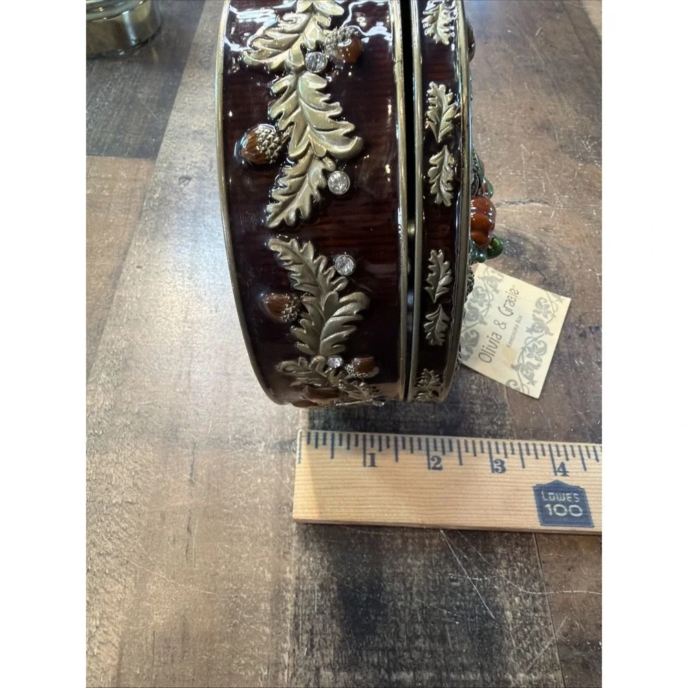 Vtg Olivia & Gracie Enamel Pumpkin Trinket Box Autumn Acorn Crystals Mirror Hing